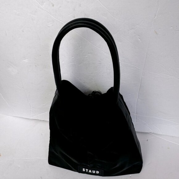 STAUD Felix Shoulder Bag Nylon Leather Trimmed Ruched Shell Tote Logo Zip Pocket - Picture 2 of 16